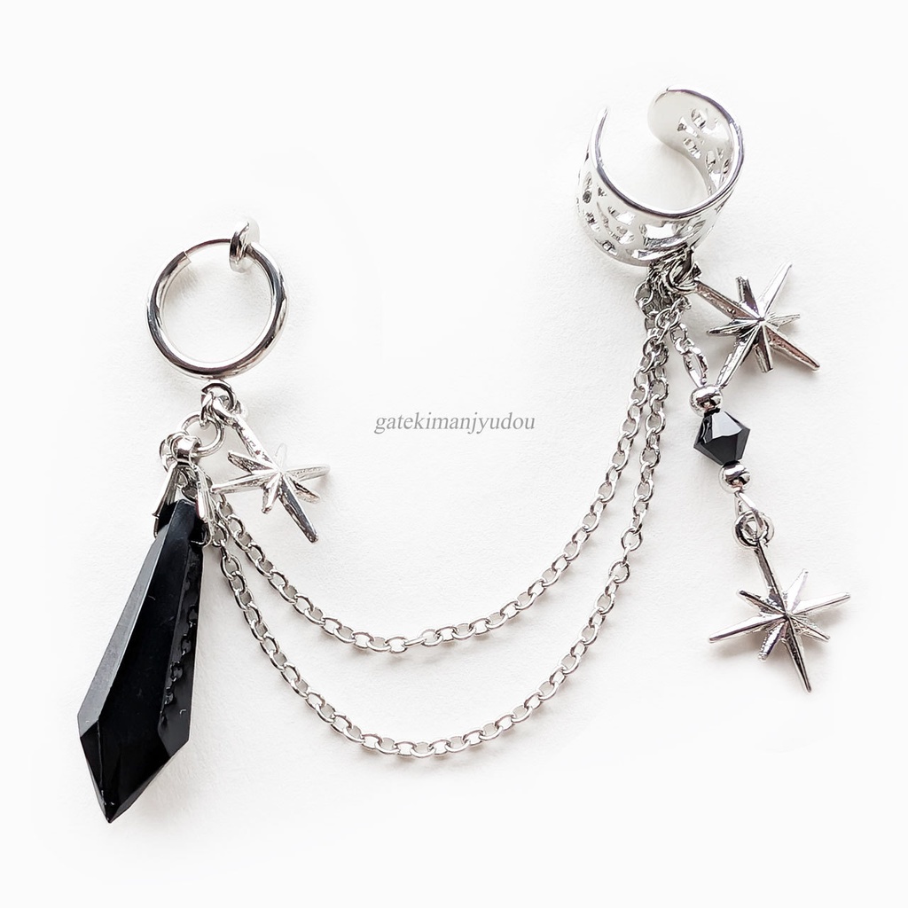 星と雫☆フープイヤリング&イヤーカフ/ブラック【ピアス等パーツ変更可】