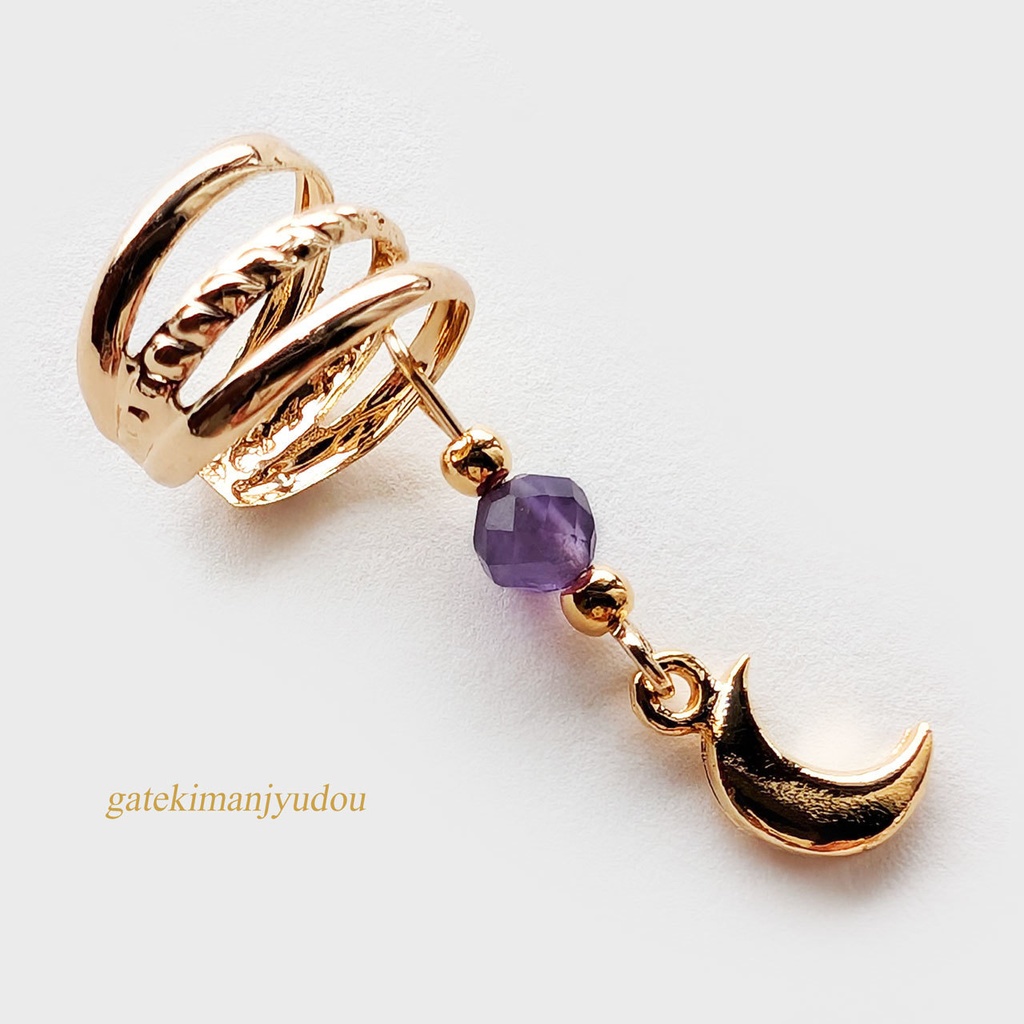 三日月とアメジストの3連風イヤーカフ