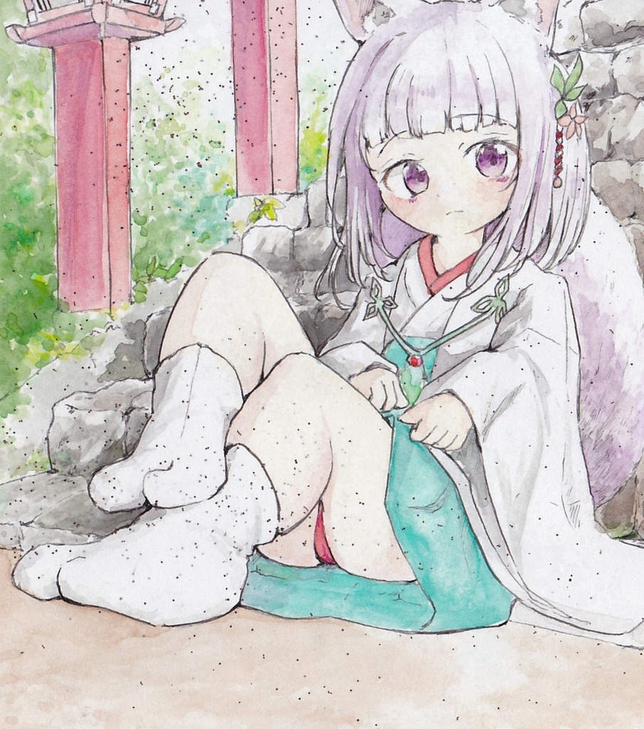 手描きイラスト　狐むすめ　1/4色紙