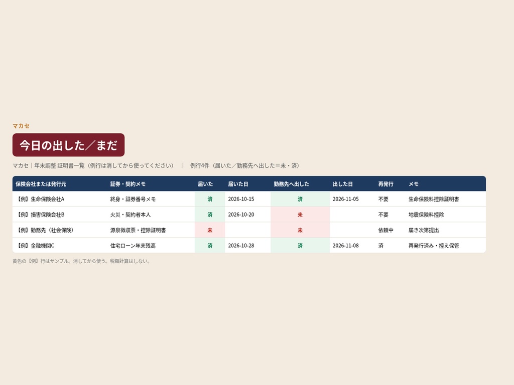 会社員｜年末調整の封筒が机にある｜出した証明書とまだが一覧になる