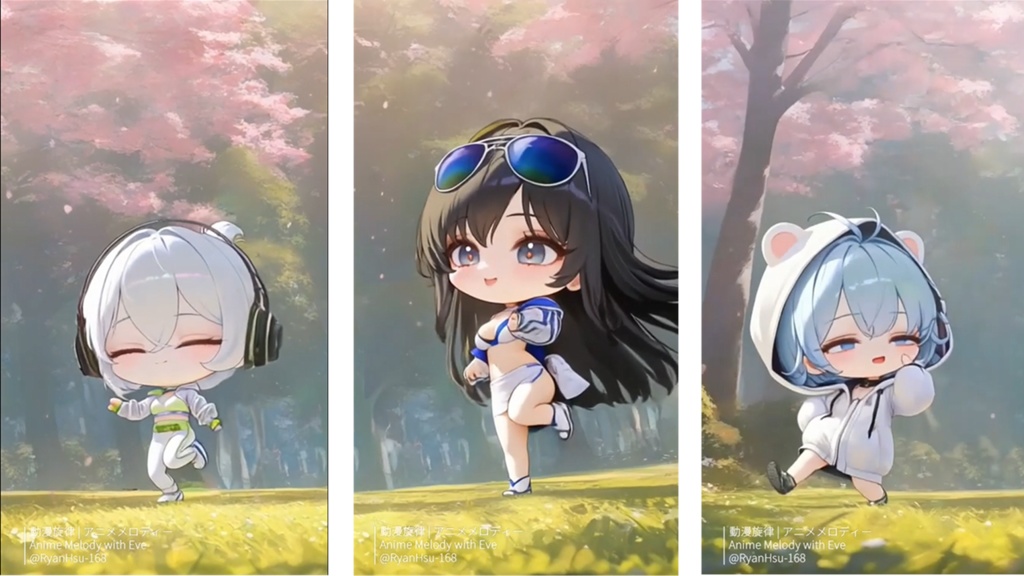 🎀《Eve・Rin・Mio 🌸 ピンク・フェスティバル!三人組のエイプリルジャンプ🎉》ライブ壁紙 | チャンネル限定Q版イベント🎶