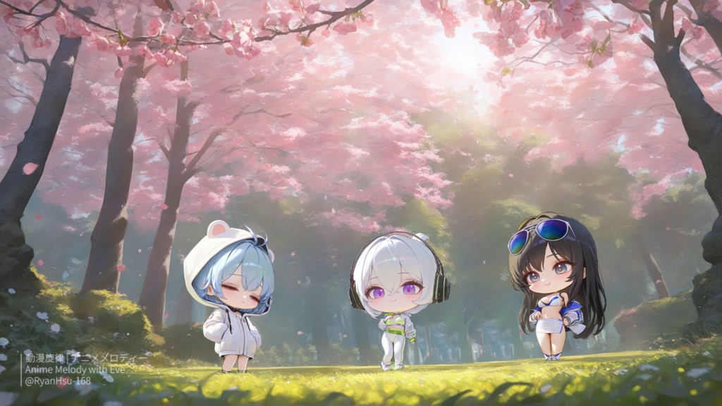 🎀《Eve・Rin・Mio 🌸 ピンク・フェスティバル!三人組のエイプリルジャンプ🎉》ライブ壁紙 | チャンネル限定Q版イベント🎶