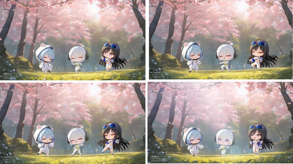 🎀《Eve・Rin・Mio 🌸 ピンク・フェスティバル!三人組のエイプリルジャンプ🎉》ライブ壁紙 | チャンネル限定Q版イベント🎶