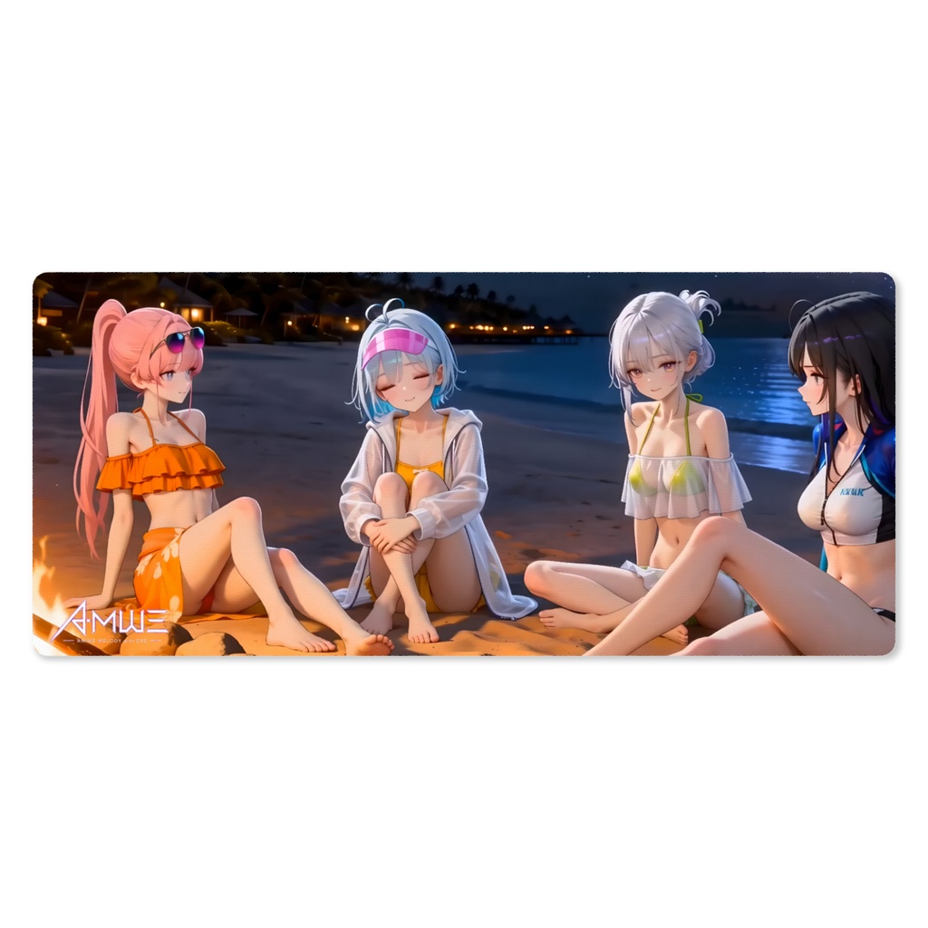 【AMWE】Summer Island 常夏バカンス・海辺の焚き火 大型デスクマット・プレイマット (900×400mm) / ゲーミングマウスパッド | Anime Melody with Eve