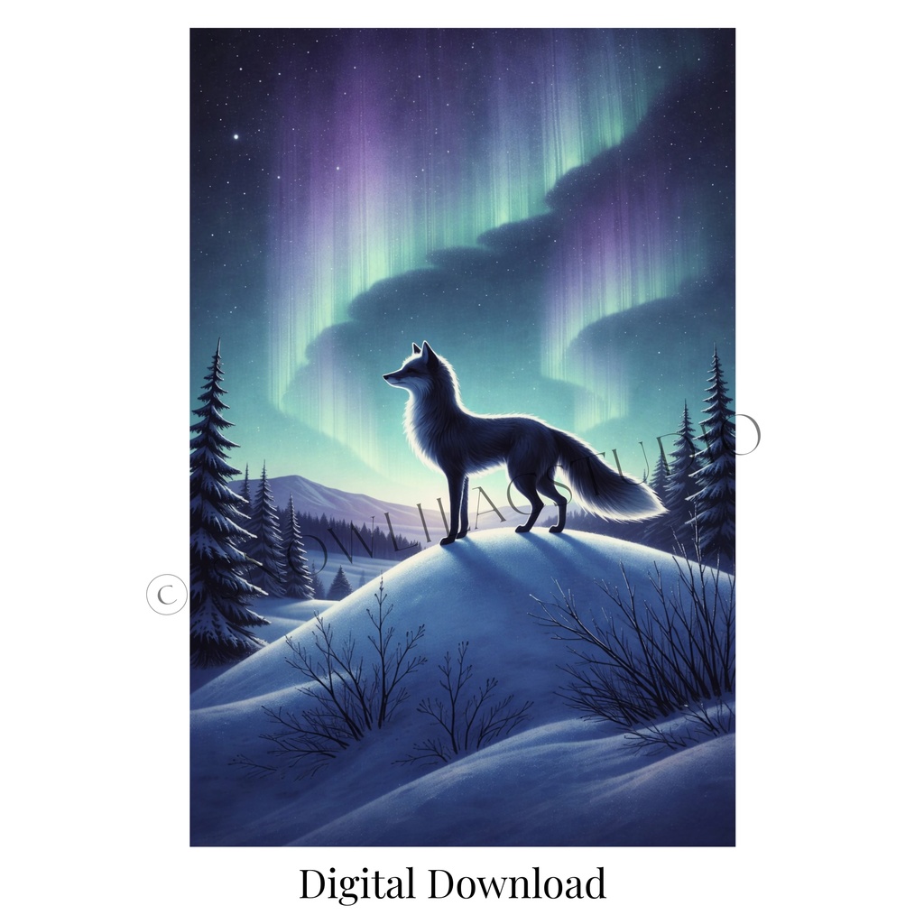 オーロラの丘に立つ白銀の狐