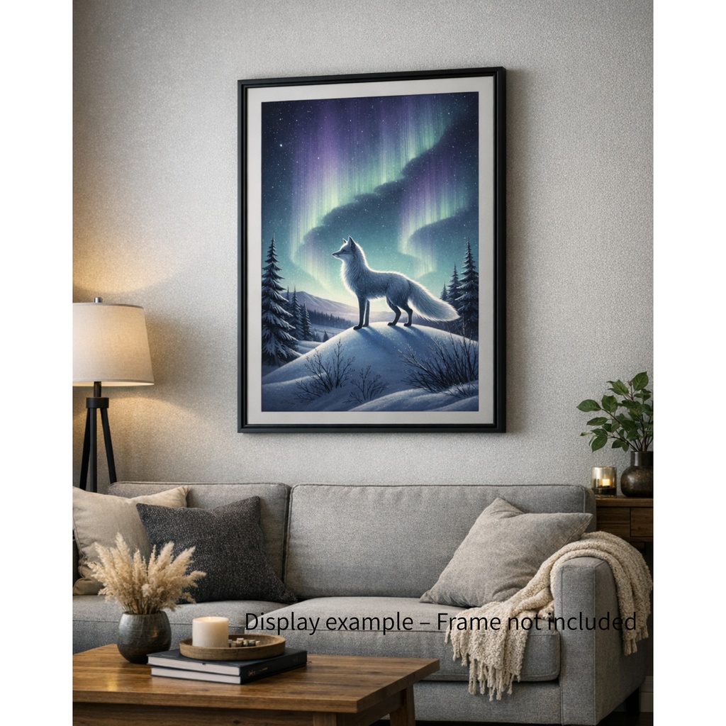 オーロラの丘に立つ白銀の狐