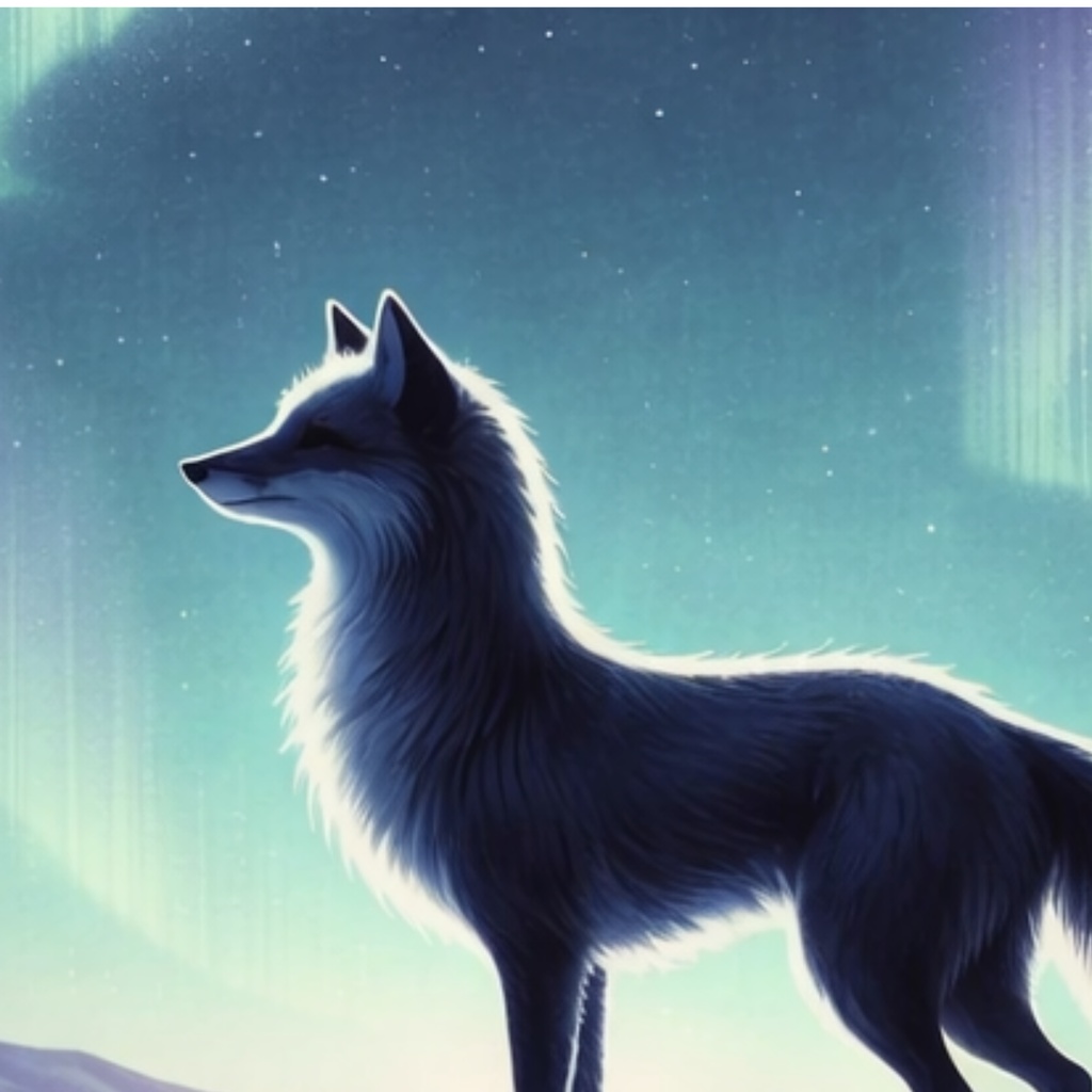 オーロラの丘に立つ白銀の狐