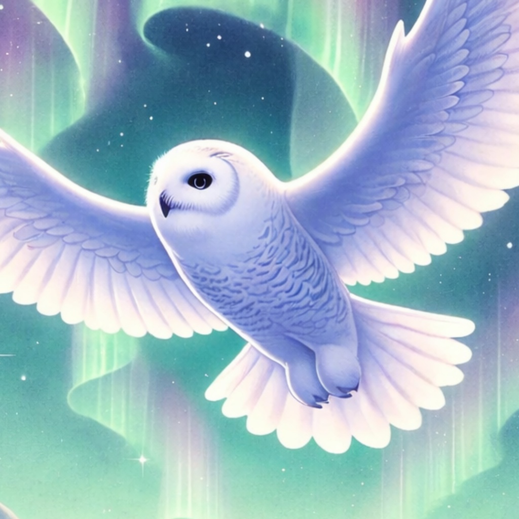 オーロラの夜を飛ぶ白フクロウ