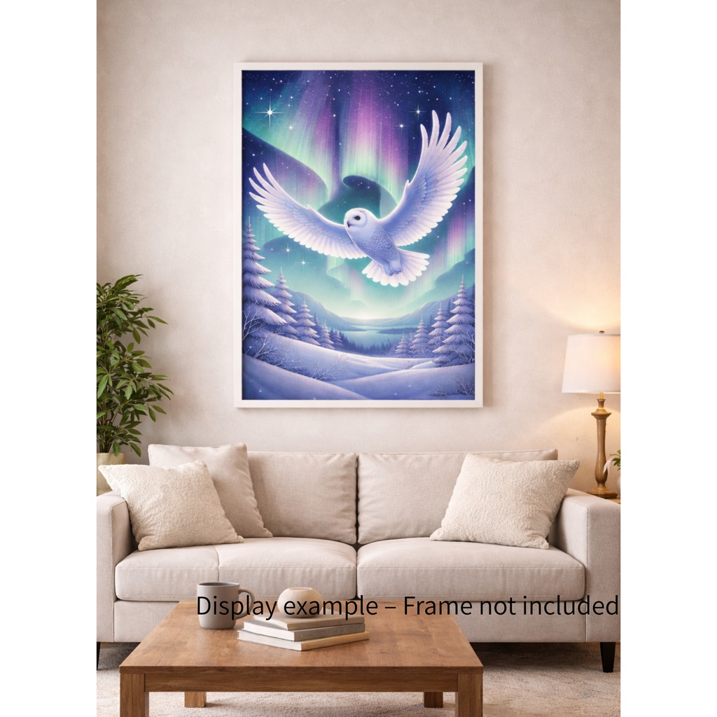 オーロラの夜を飛ぶ白フクロウ