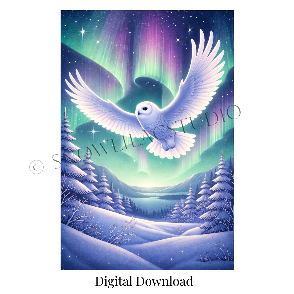 オーロラの夜を飛ぶ白フクロウ 