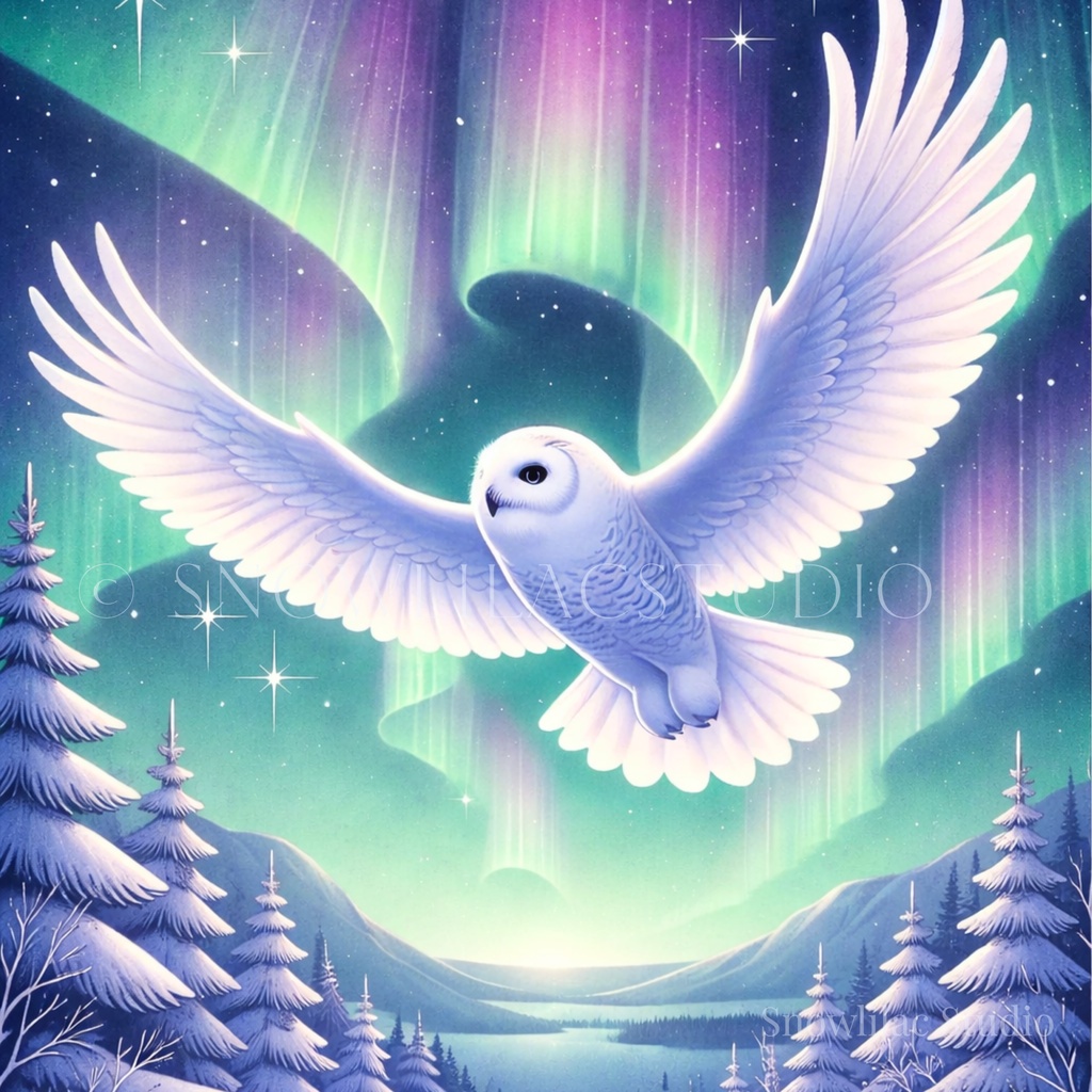 オーロラの夜を飛ぶ白フクロウ