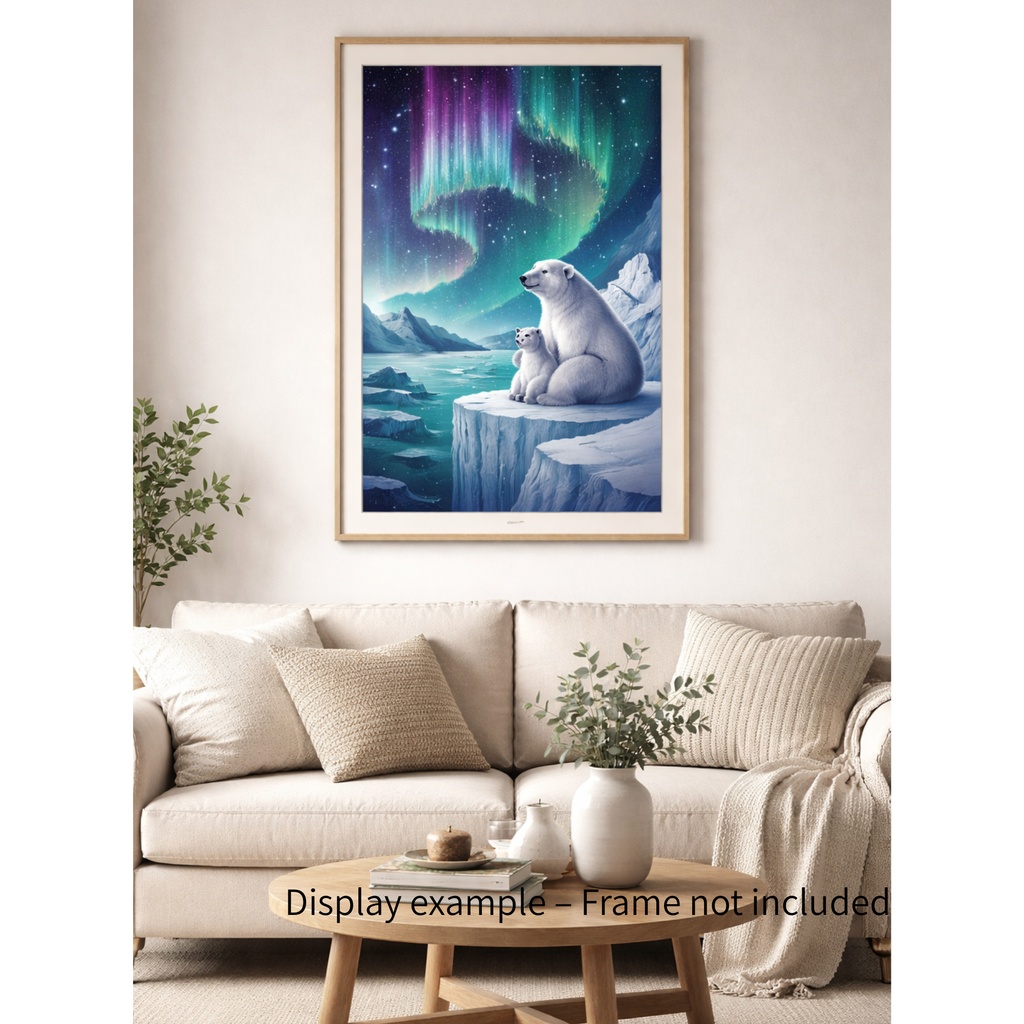 オーロラを見上げる親子シロクマ