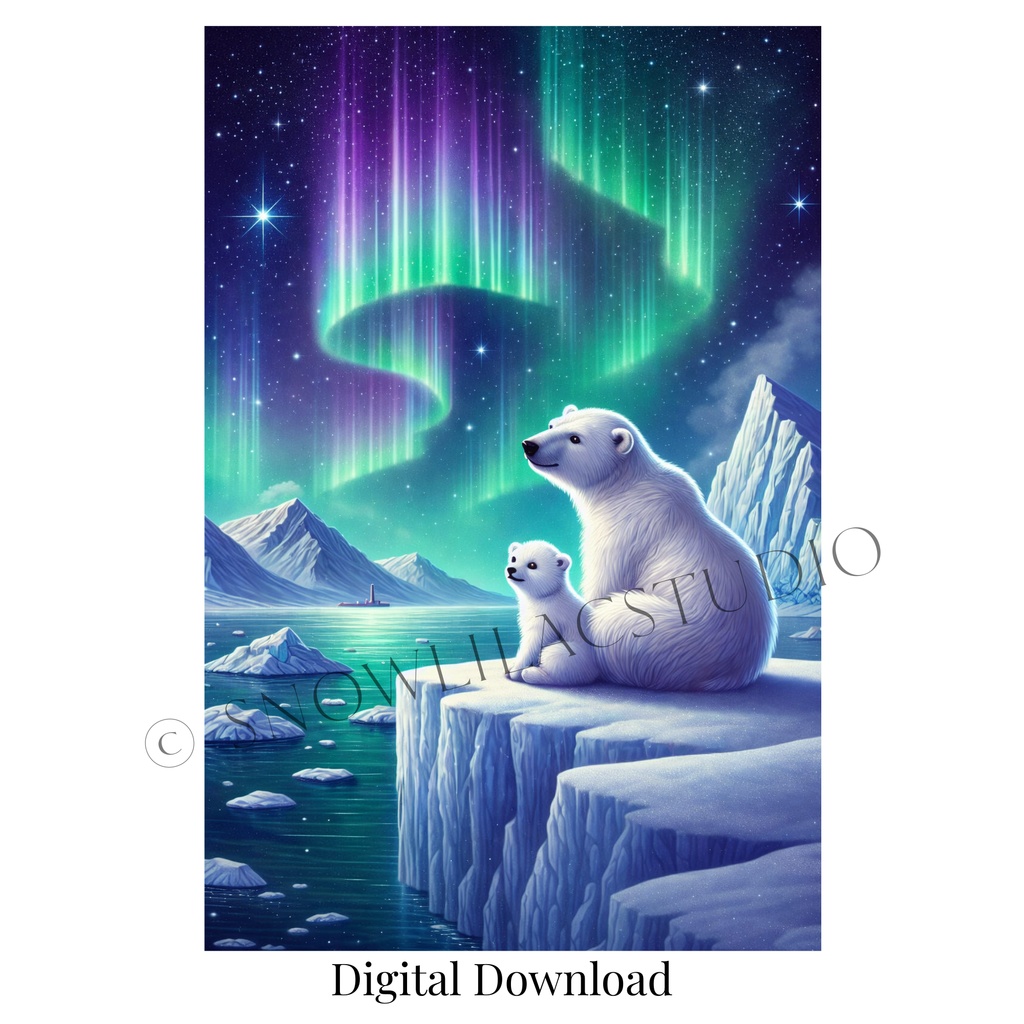 オーロラを見上げる親子シロクマ