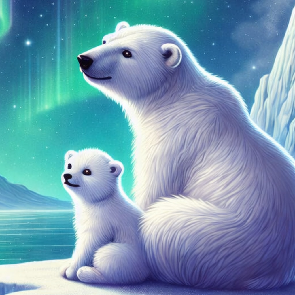 オーロラを見上げる親子シロクマ