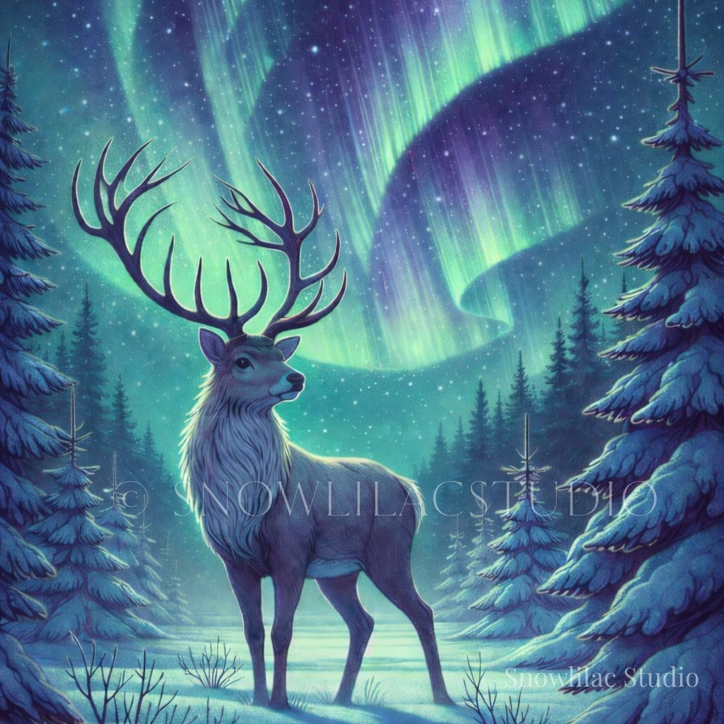 Aurora Stag in the Silent Forest（オーロラの森の鹿）