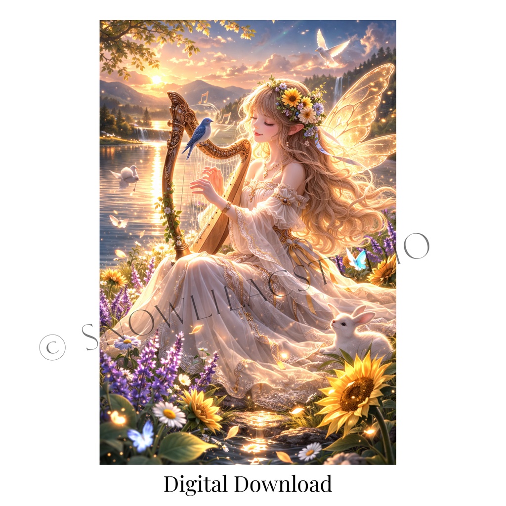 夕暮れの湖畔で奏でる妖精のハープ