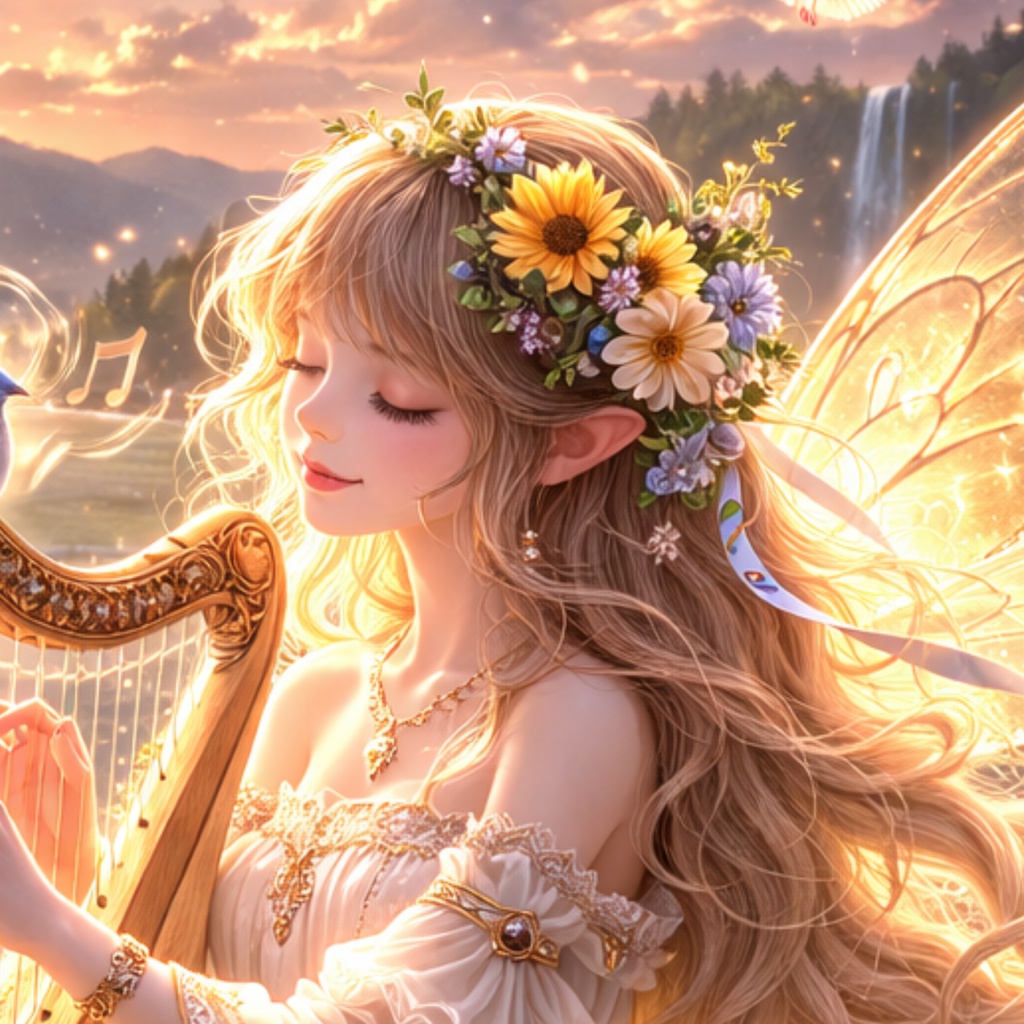 夕暮れの湖畔で奏でる妖精のハープ