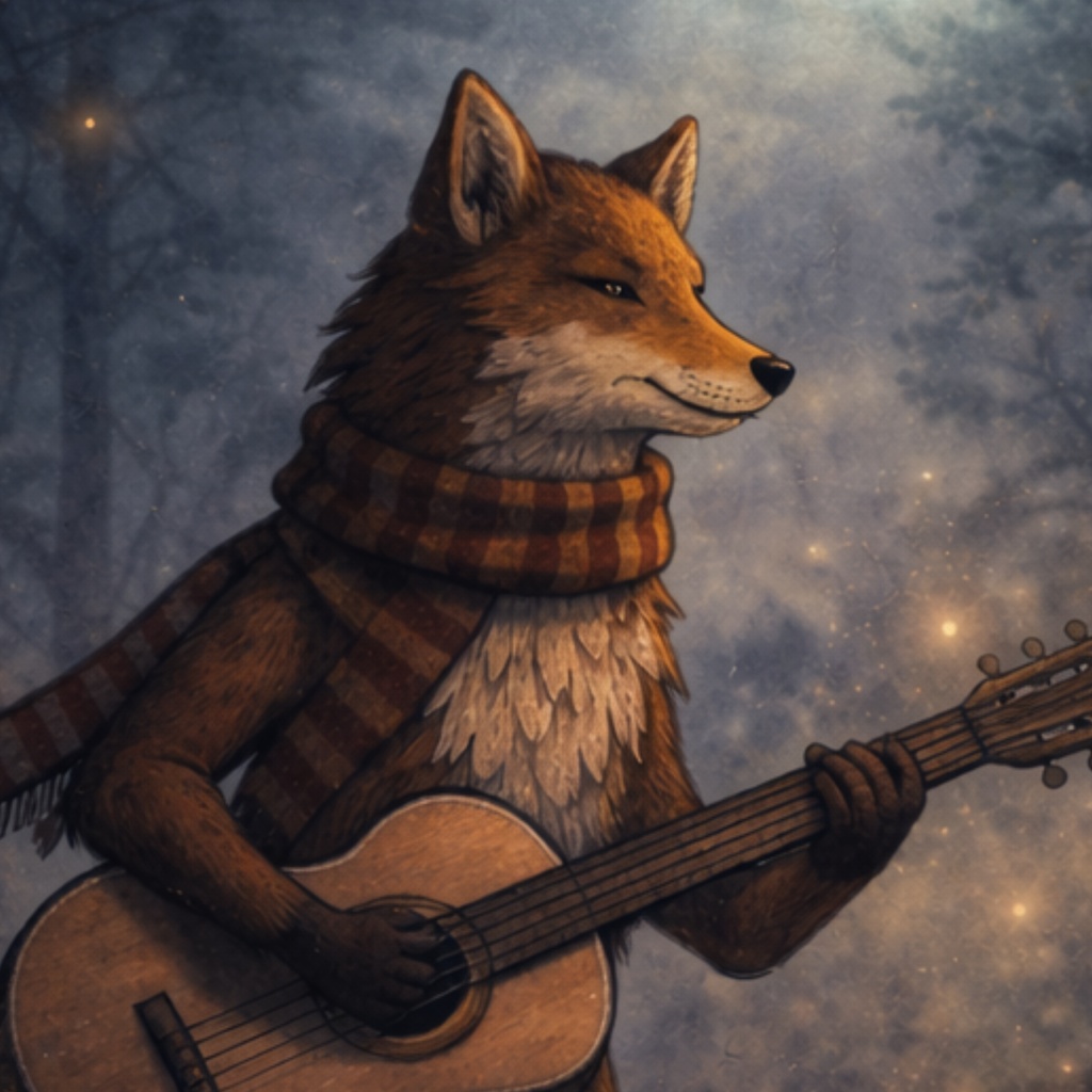 月明かりの森で奏でるキツネ -Fox Playing Guitar Under the Moonlit Forest