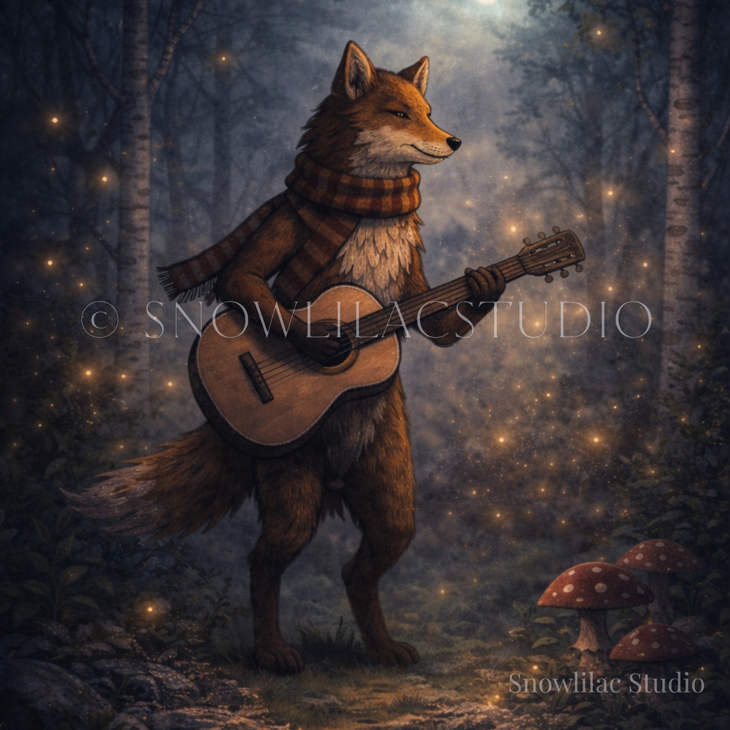 月明かりの森で奏でるキツネ -Fox Playing Guitar Under the Moonlit Forest