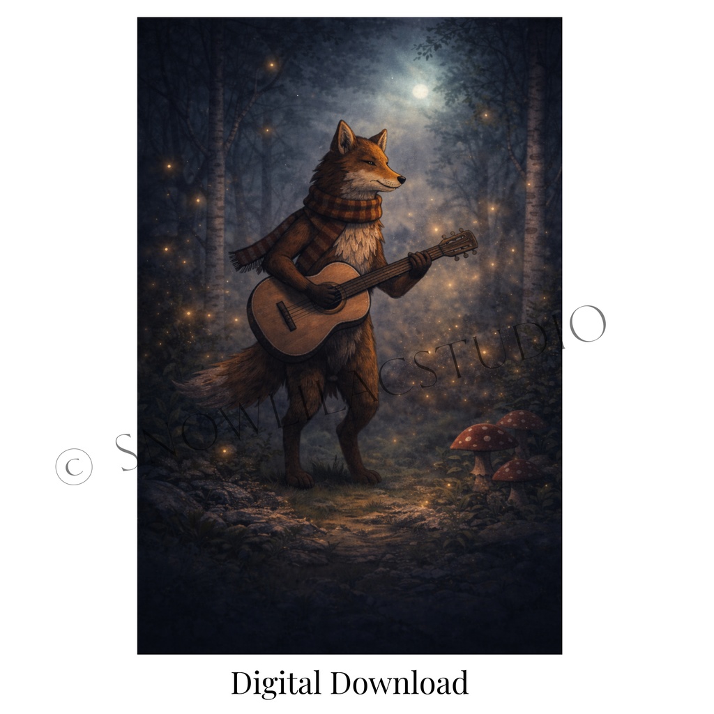 月明かりの森で奏でるキツネ -Fox Playing Guitar Under the Moonlit Forest