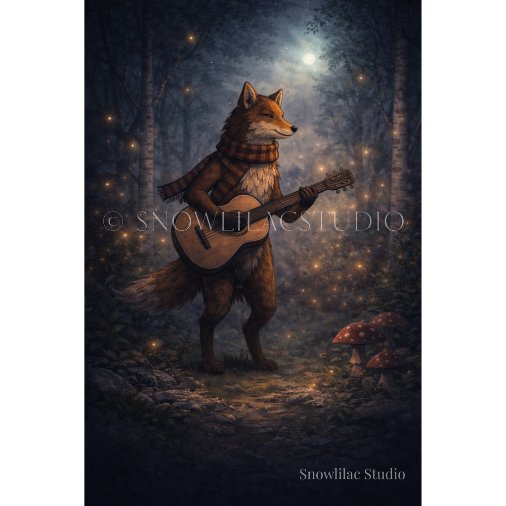月明かりの森で奏でるキツネ -Fox Playing Guitar Under the Moonlit Forest