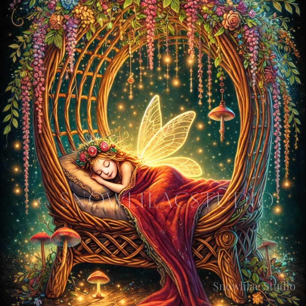 花のゆりかごで眠る妖精 - Sleeping Fairy in a Floral Cradle