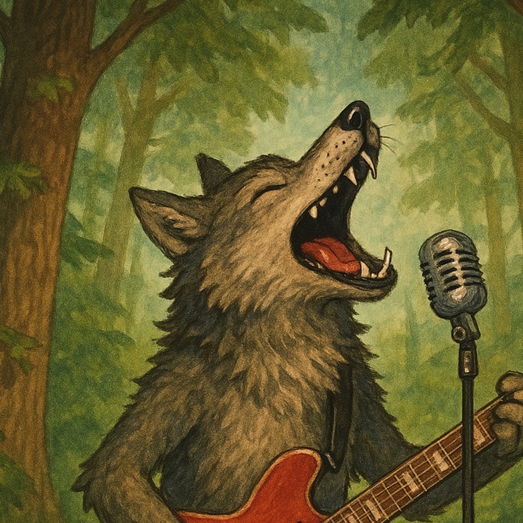 森のロックシンガー ― ギターを奏でるオオカミ