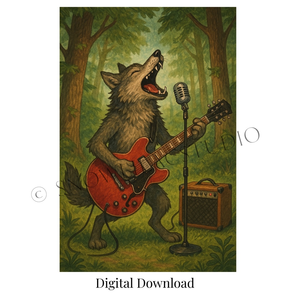 森のロックシンガー ― ギターを奏でるオオカミ