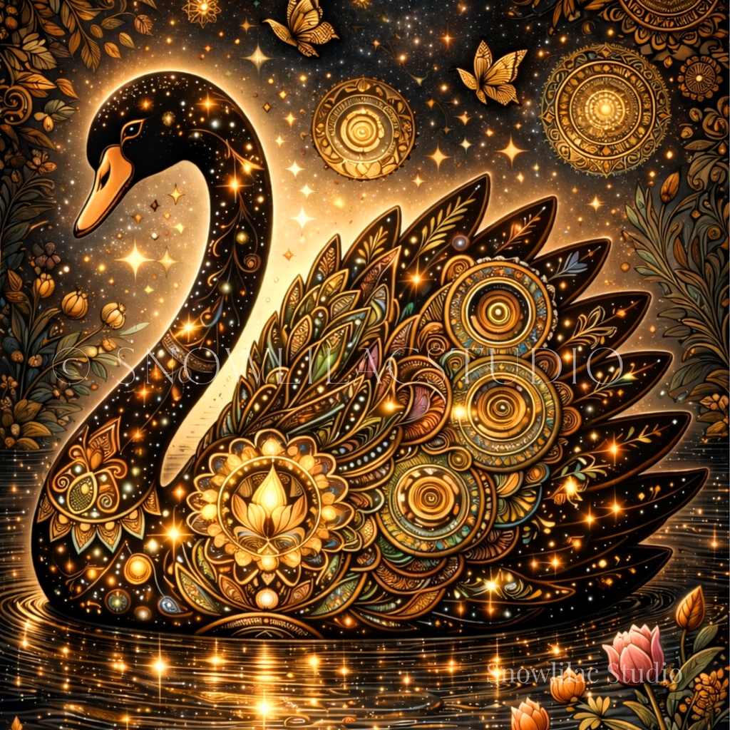 星と花をまとう黒鳥 – Golden Celestial Swan