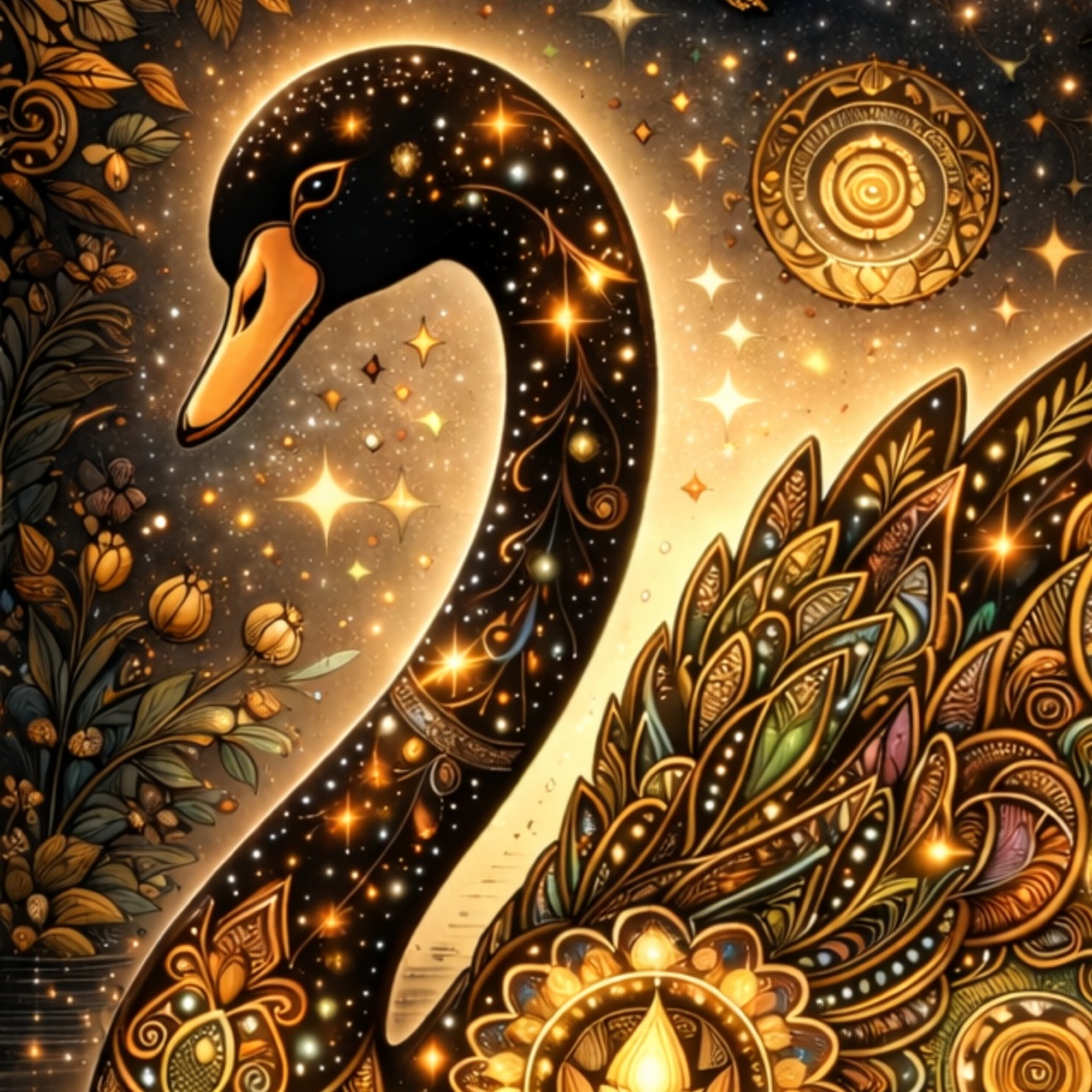 星と花をまとう黒鳥 – Golden Celestial Swan