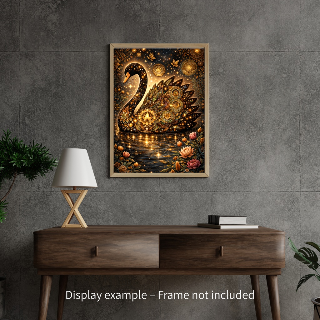 星と花をまとう黒鳥 – Golden Celestial Swan