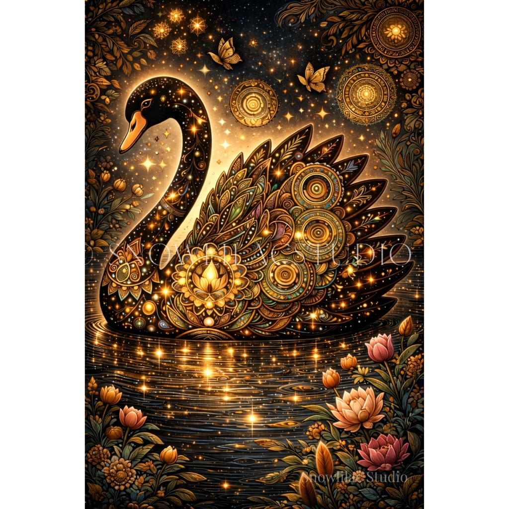 星と花をまとう黒鳥 – Golden Celestial Swan