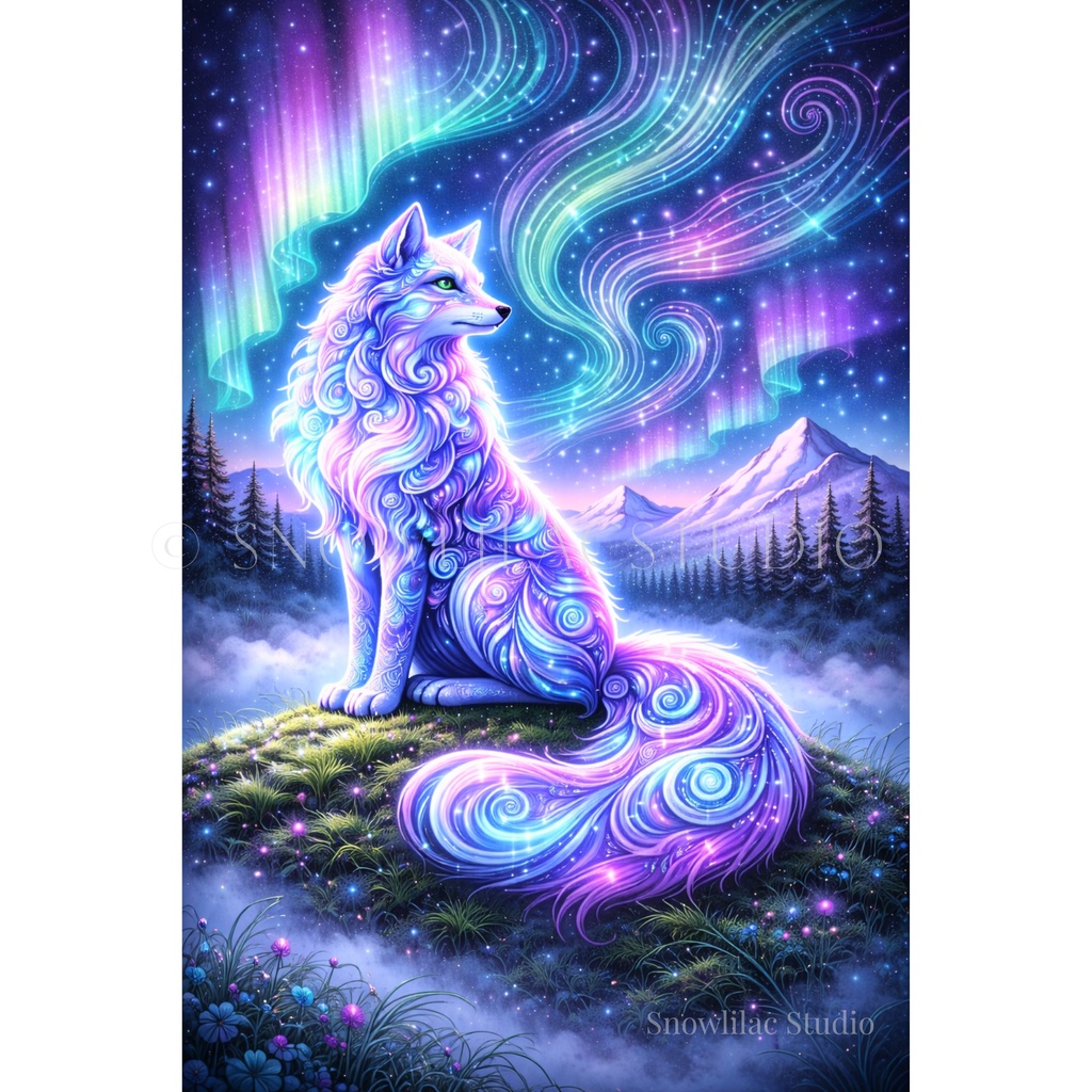 オーロラに佇む幻想のキツネ - Celestial Aurora Fox
