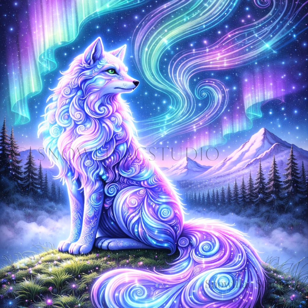 オーロラに佇む幻想のキツネ - Celestial Aurora Fox