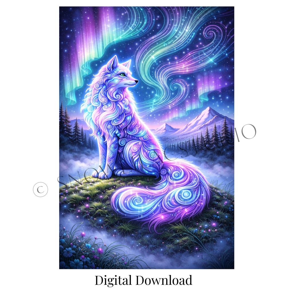 オーロラに佇む幻想のキツネ - Celestial Aurora Fox