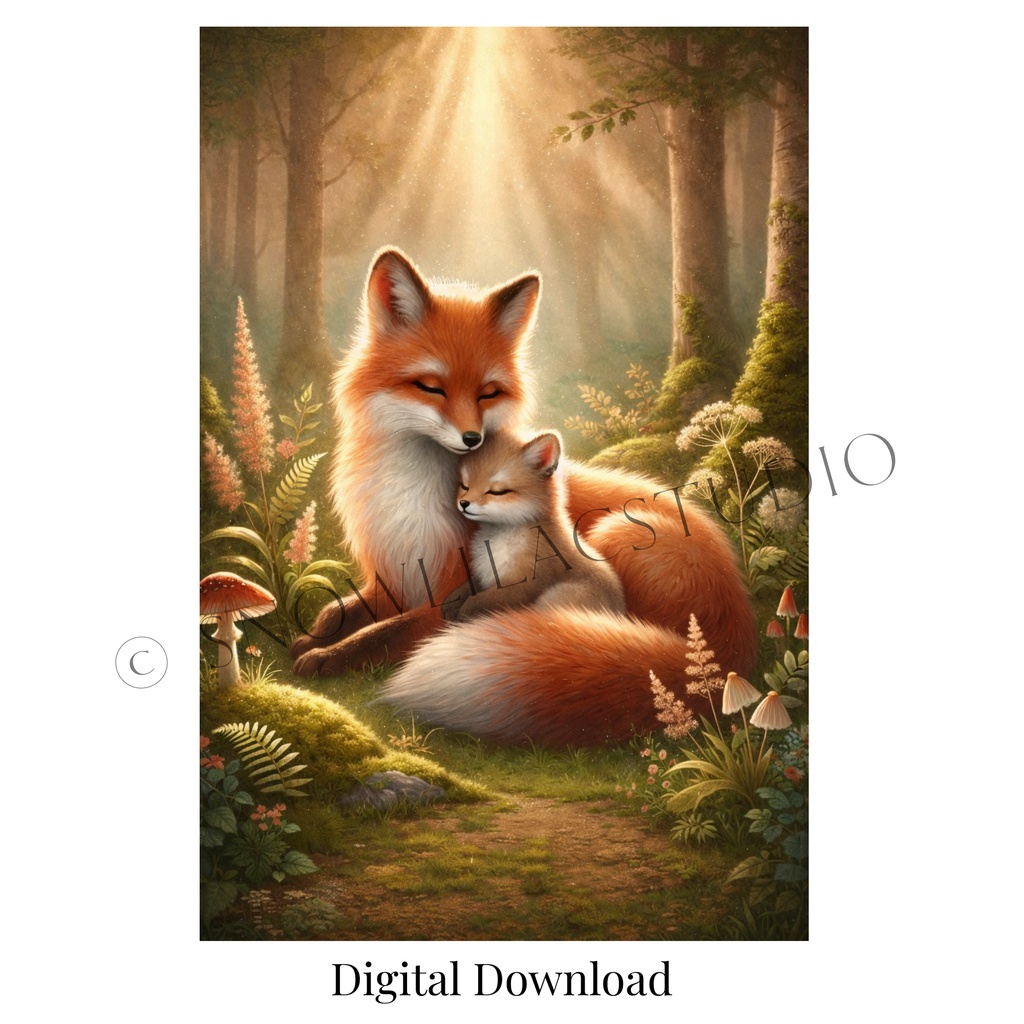 森のぬくもり – 光に包まれた親子ぎつね