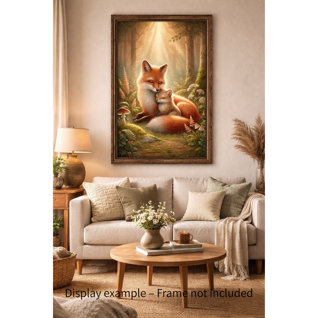 森のぬくもり – 光に包まれた親子ぎつね