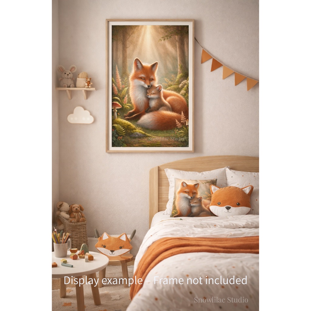 森のぬくもり – 光に包まれた親子ぎつね