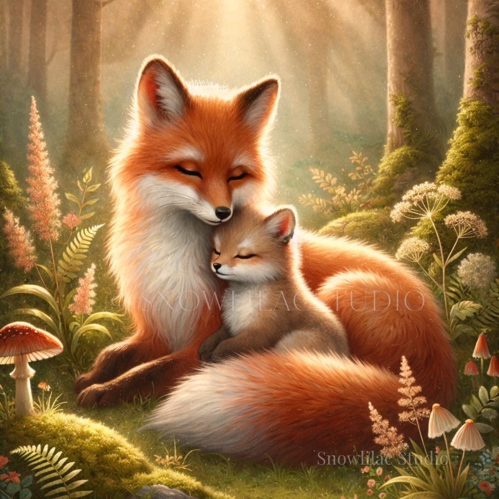 森のぬくもり – 光に包まれた親子ぎつね