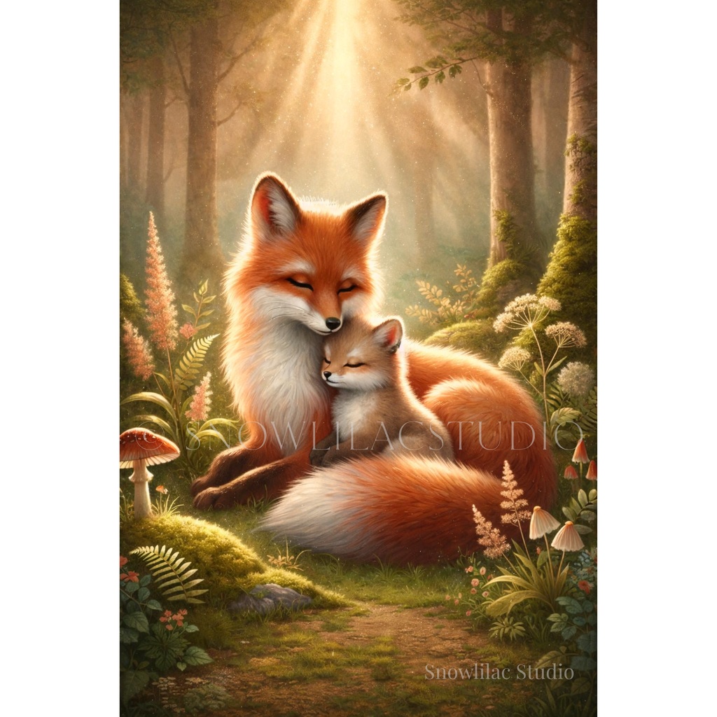 森のぬくもり – 光に包まれた親子ぎつね