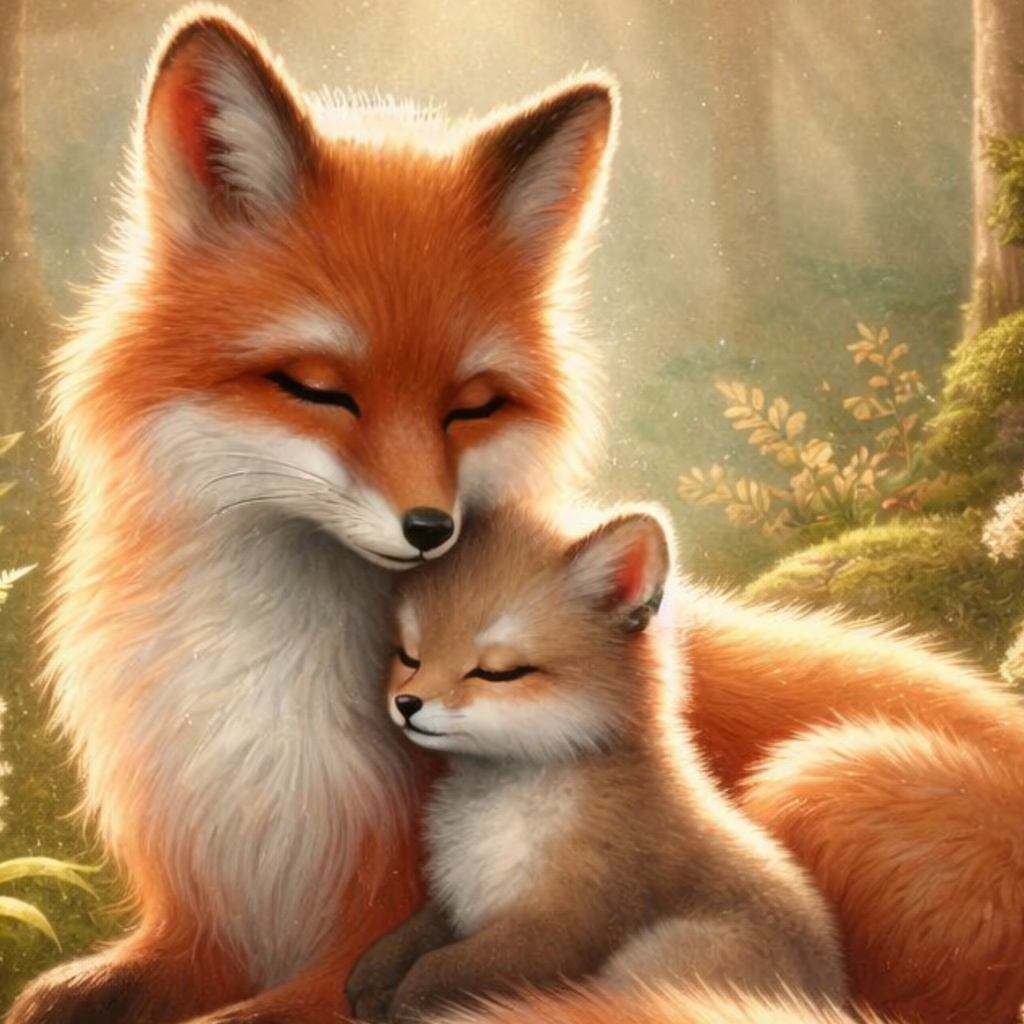 森のぬくもり – 光に包まれた親子ぎつね