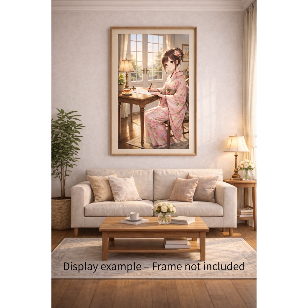 朝の光の中で手紙を書く着物の女性|デジタルアート