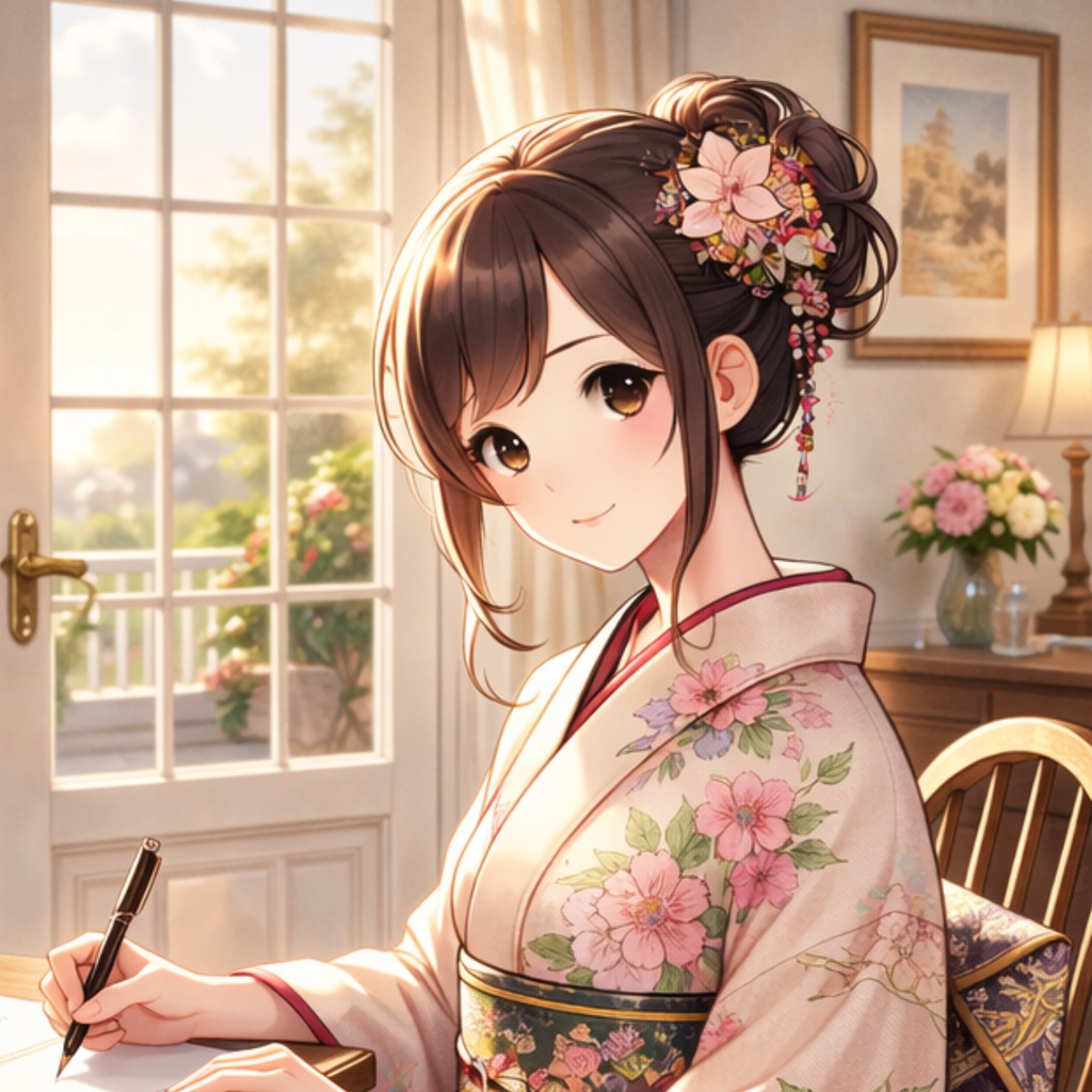 朝の光の中で手紙を書く着物の女性|デジタルアート