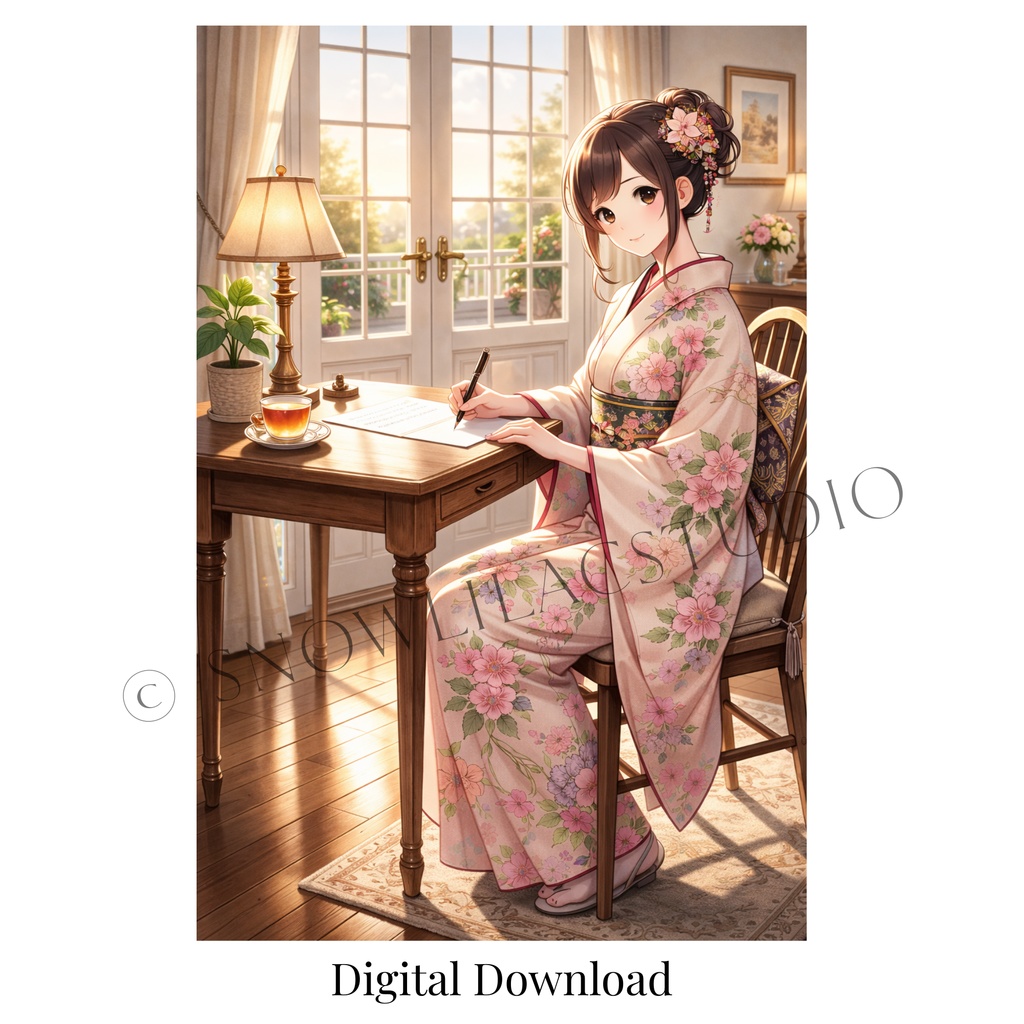 朝の光の中で手紙を書く着物の女性｜デジタルアート