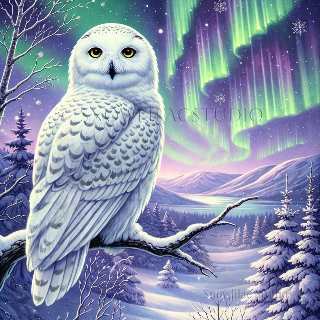 静寂のオーロラ – 枝に止まる白フクロウ | デジタルアート