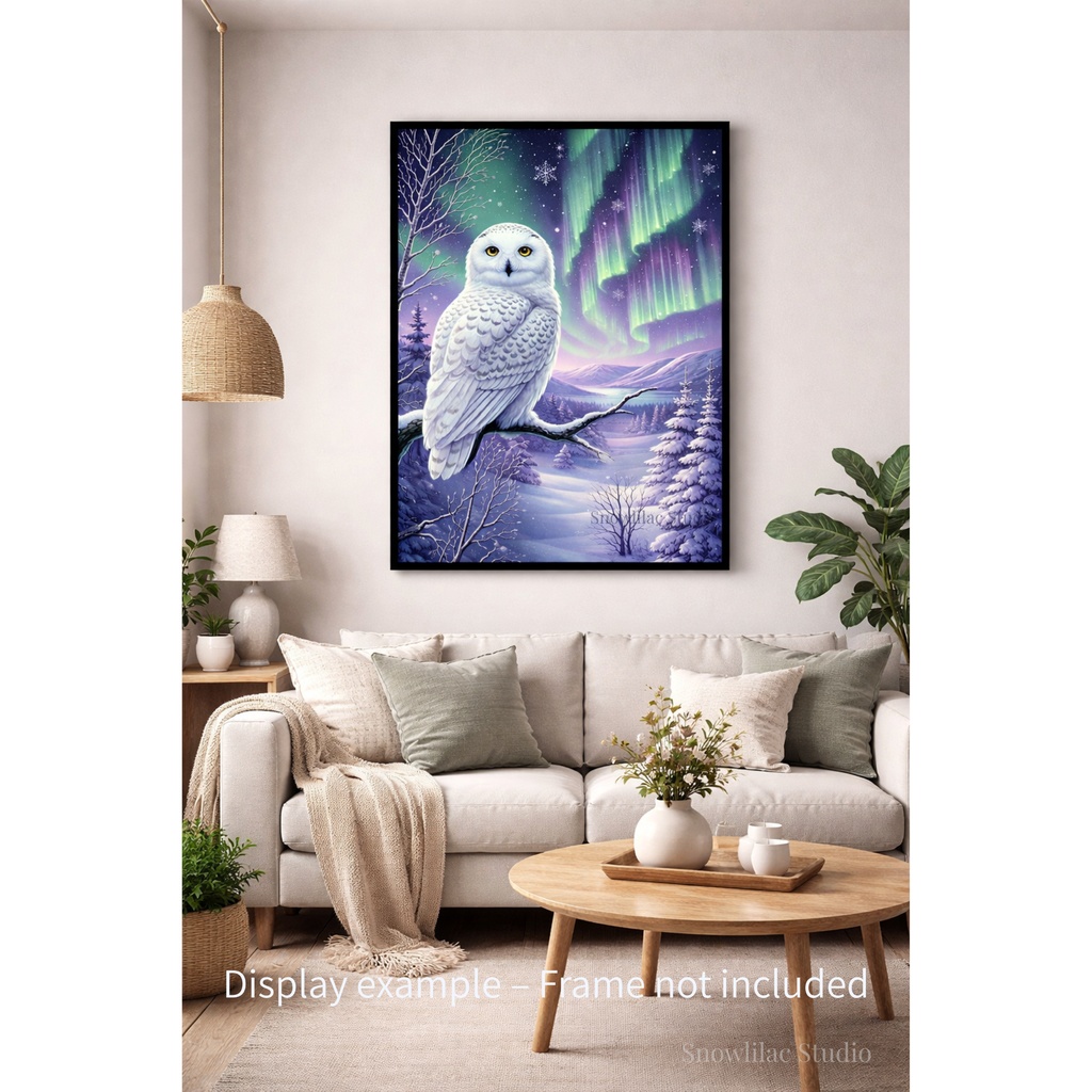 静寂のオーロラ – 枝に止まる白フクロウ | デジタルアート