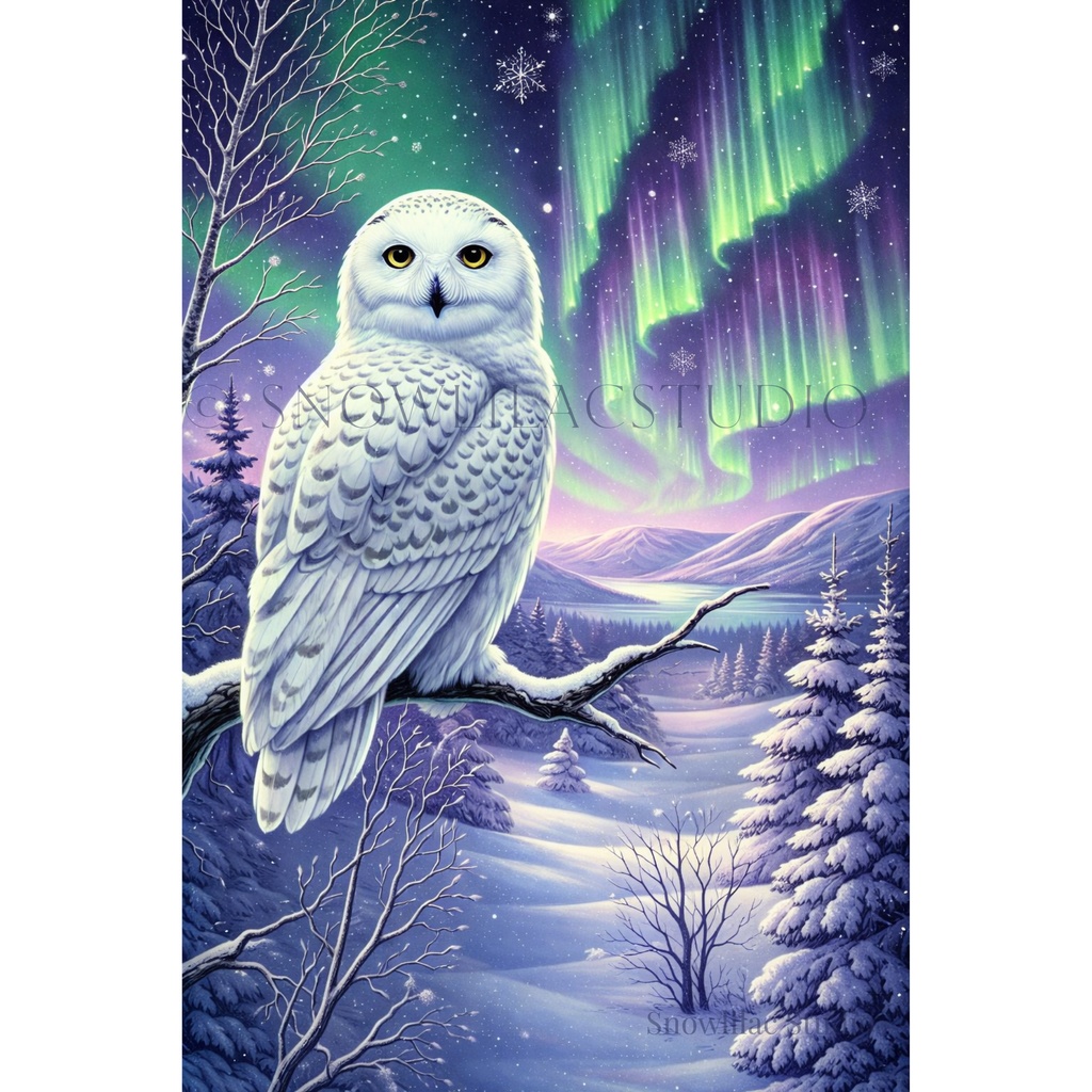 静寂のオーロラ – 枝に止まる白フクロウ | デジタルアート