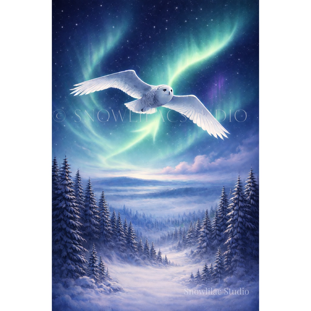 オーロラのフクロウ - 静寂の空を飛ぶ | デジタルアート