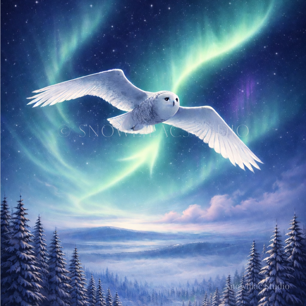 オーロラのフクロウ － 静寂の空を飛ぶ | デジタルアート
