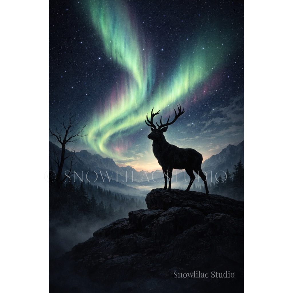 オーロラの空を見上げる鹿 | デジタルアート